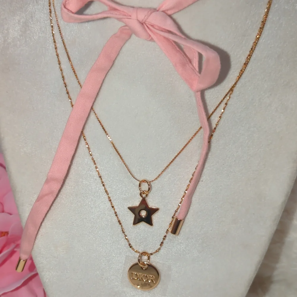 Dior Gold Necklace Logo Star Pendant Pink Velvet Cord 3 Necklaces Bundle Magnet - Picture 3 of 5